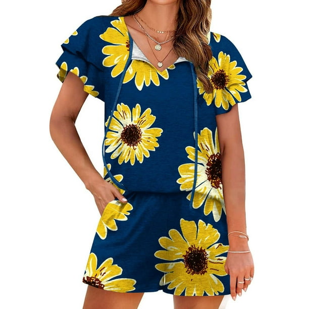 Puntoco Pantalones Cortos De Moda para Mujer Traje Informal De Manga con Volantes Estampado De Dos Piezas Liquidación Puntoco Puntoco-2510