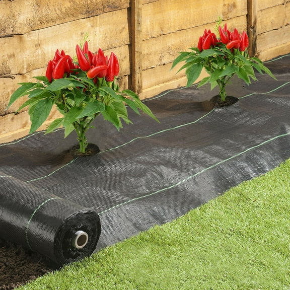 Landscape Fabric Weed Barrier 4 ft. x 50 ft. 3.0 oz. Ground Cover Garden Mats 6 Rows, Planting Hole, 4 in. Dia