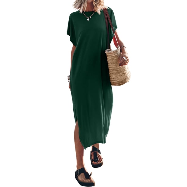 Lucakuins - Vestido de playa informal de verano para mujer, color sólido, manga corta de murciélago, cuello redondo, vestido dividido Lucakuins moda