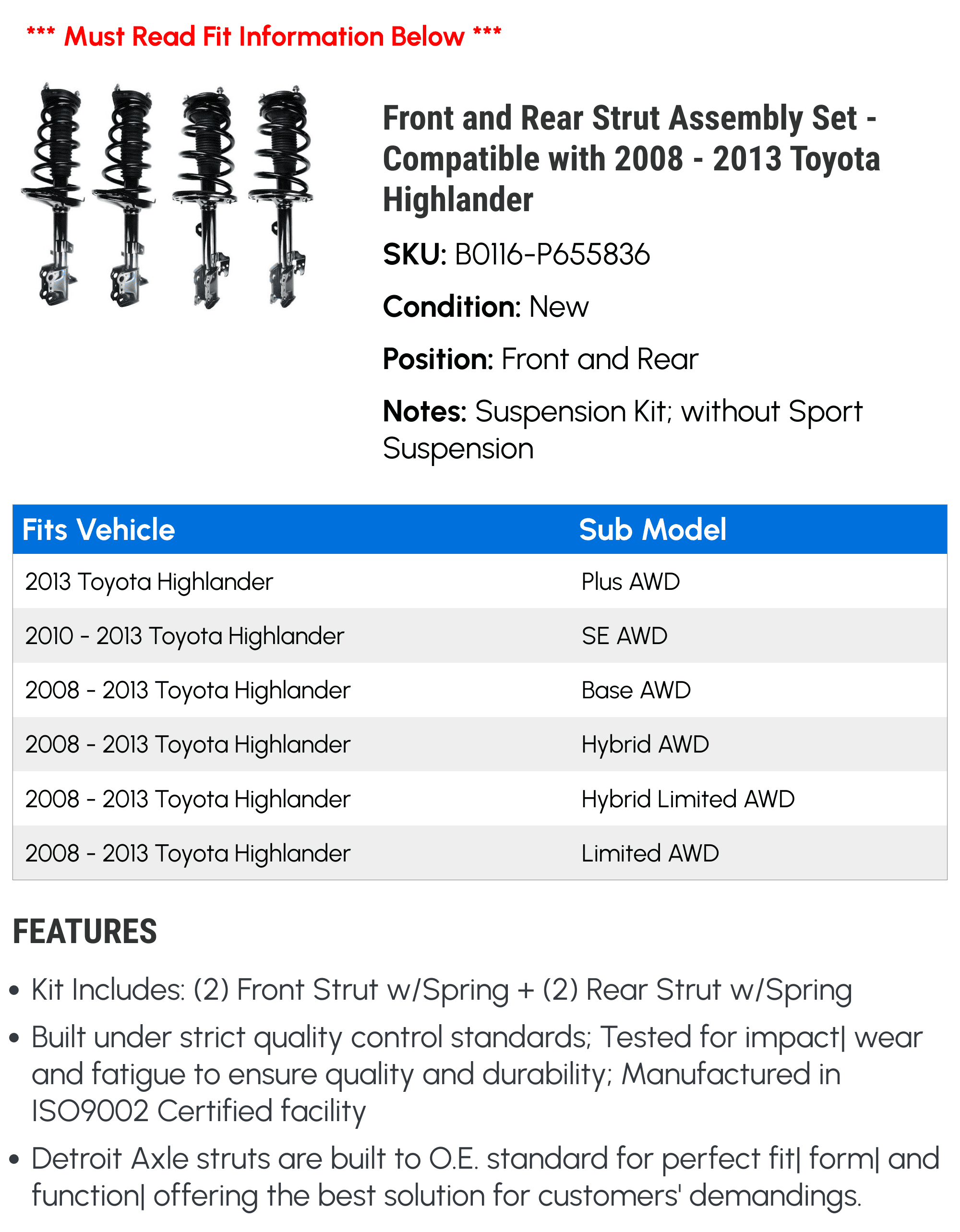 Front and Rear Strut Assembly Set - Compatible with 2008 - 2013 Toyota Highlander 2009 2010 2011 2012