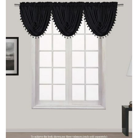 Black Grommet Valance HOLLYWOOD 1-Piece PURE BLACK Waterfall Rod Pocket Window Valance with Decorative Trim 55
