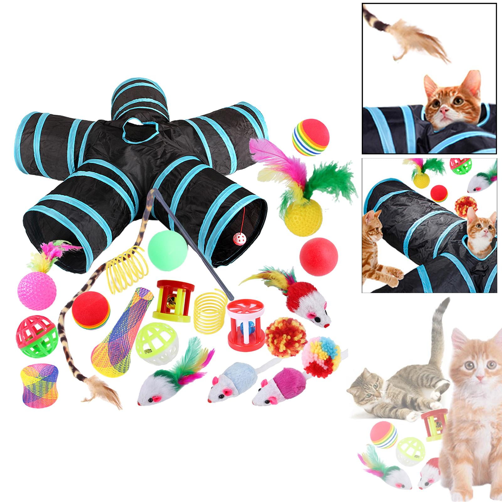 22 piece Interactive Cat Toy Sets,Collapsible Cat Tunnels for Indoor Cats, Feather Teaser Crinkle Balls Spring Toy Catnip Fish for Cats , B99504
