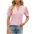 thumbnail image 2 of AXXD Pink Basic Fashion Tops for Women Trendy 2024 Lace Summer Solid V-neck Bubble Short Sleeve Solid T-shirt Top, 2 of 4
