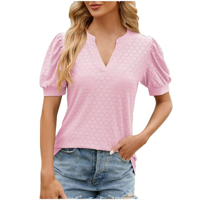 AherBiu Hauts pour Femmes Élégants Décontractés à Œillets Col en V Boho Manches Courtes Blouse