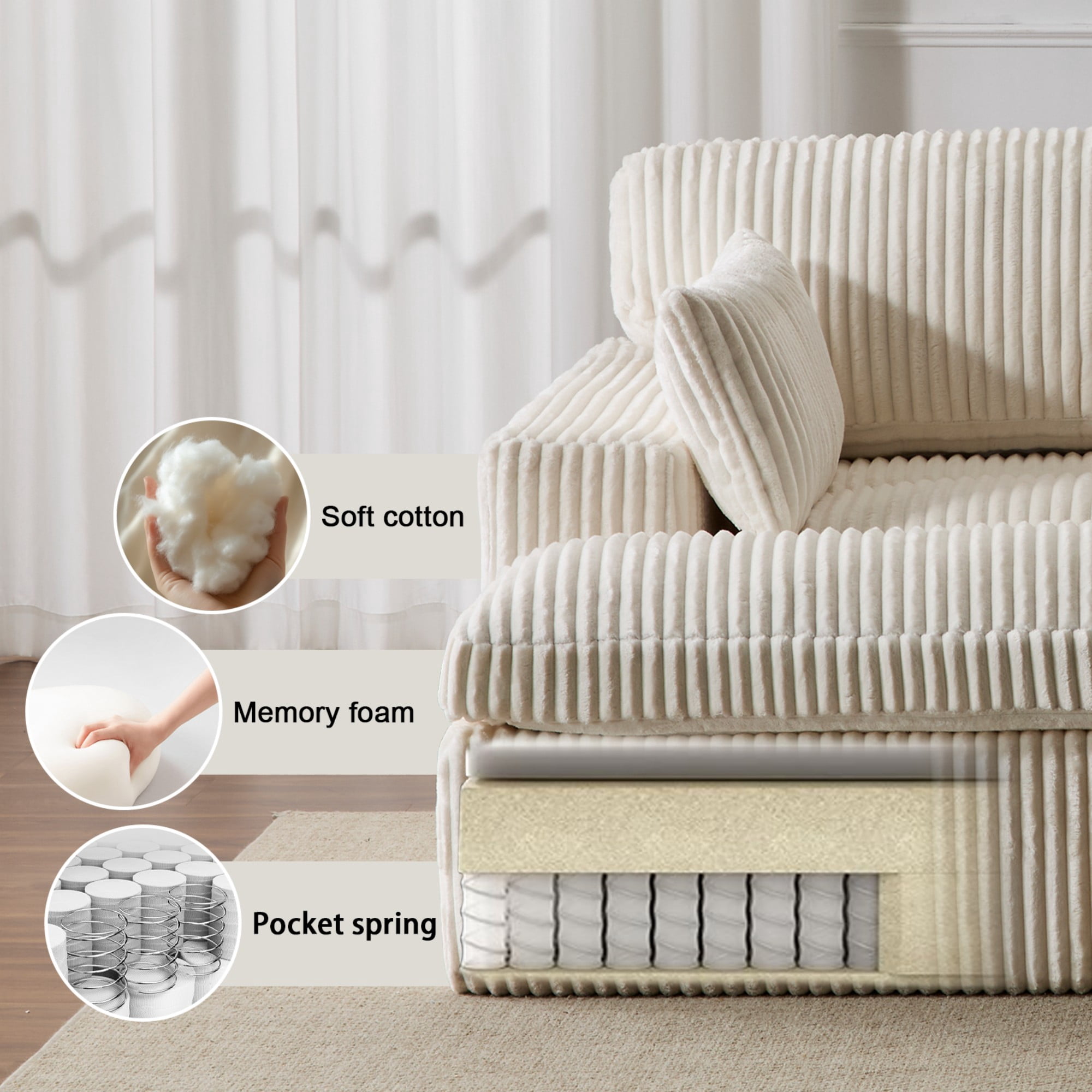 79" Oversized Sleeper Sofa Bed,Upholstered Sectional Sleeper Sofa Bed,Corduroy Sofa Bed Reading Chair for Living Room,White