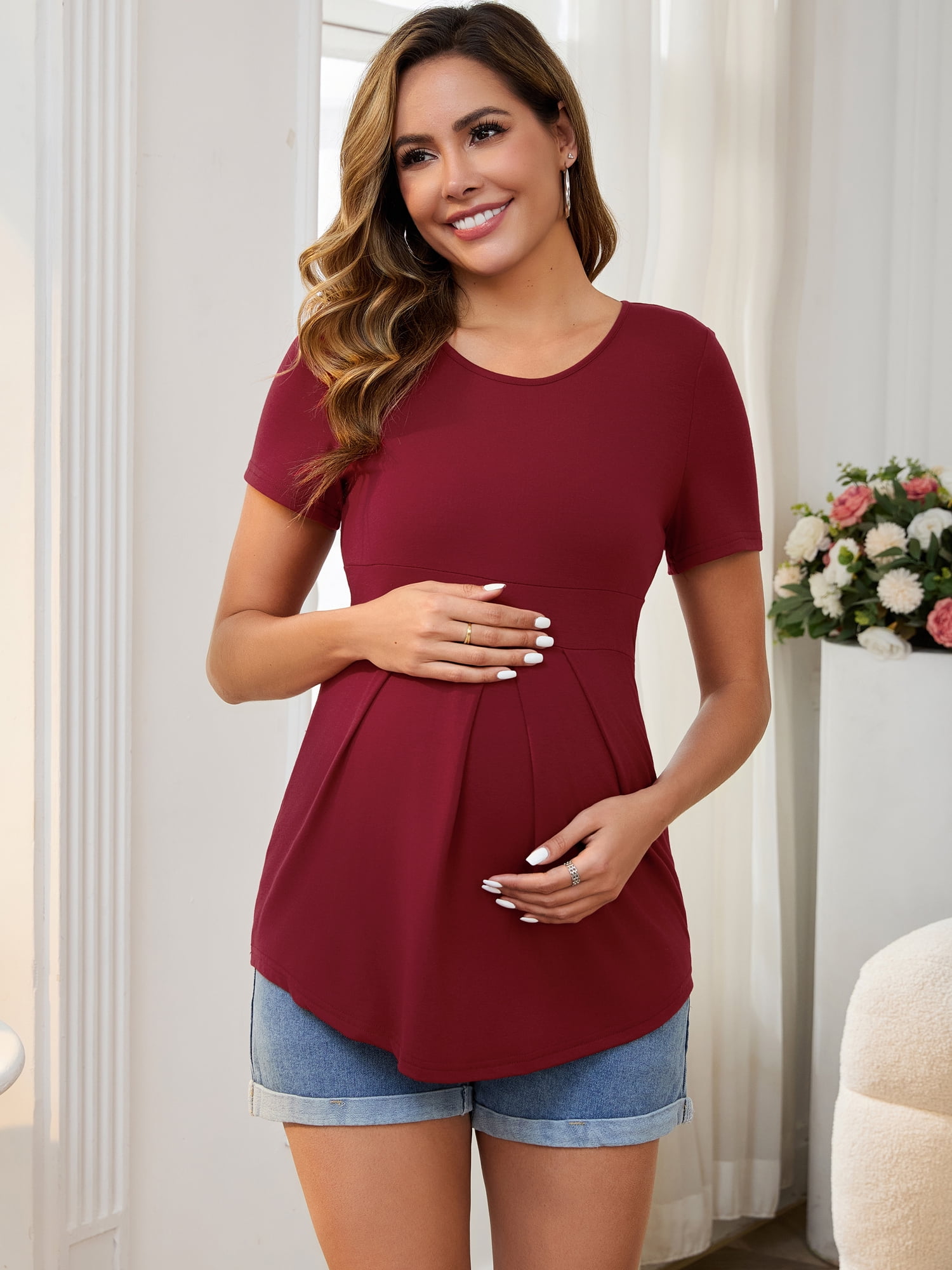DARING DIVA Women's Short Sleeve Crew Neck Wrinkle Design Maternity Blouses M Red