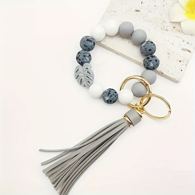 Silicone bead keychain with tassel and maple leaf pendant, stylish keychain bracelet, cool summer style, women's keychain,Grey