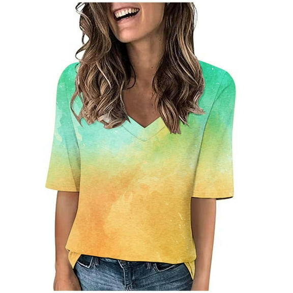Jgppe Half Sleeve Summer Tops for Women Trendy Cute Print V Neck Casual Blouses Tees Clothes