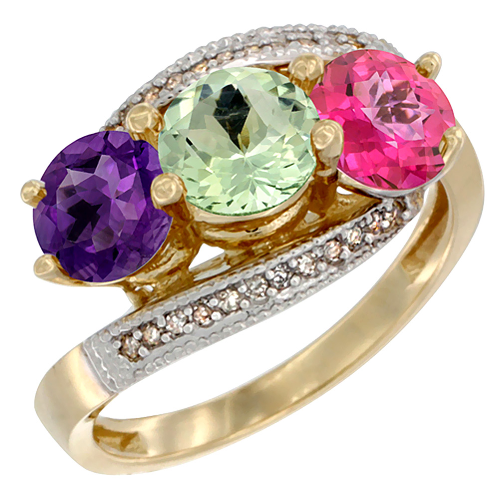 10K Yellow Gold Natural Amethyst, Green Amethyst & Pink Topaz 3 stone Ring Round 6mm Diamond Accent, sizes 5 10 by WorldJewels