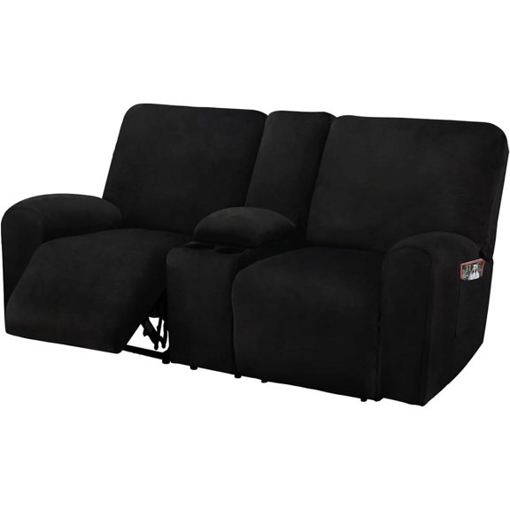 Reclining Loveseat with Middle Console Slipcover, 8-Piece Velvet Stretch Loveseat Reclining Sofa Covers, 2 Thick, Soft, Washable, Covers ONLY (Black)