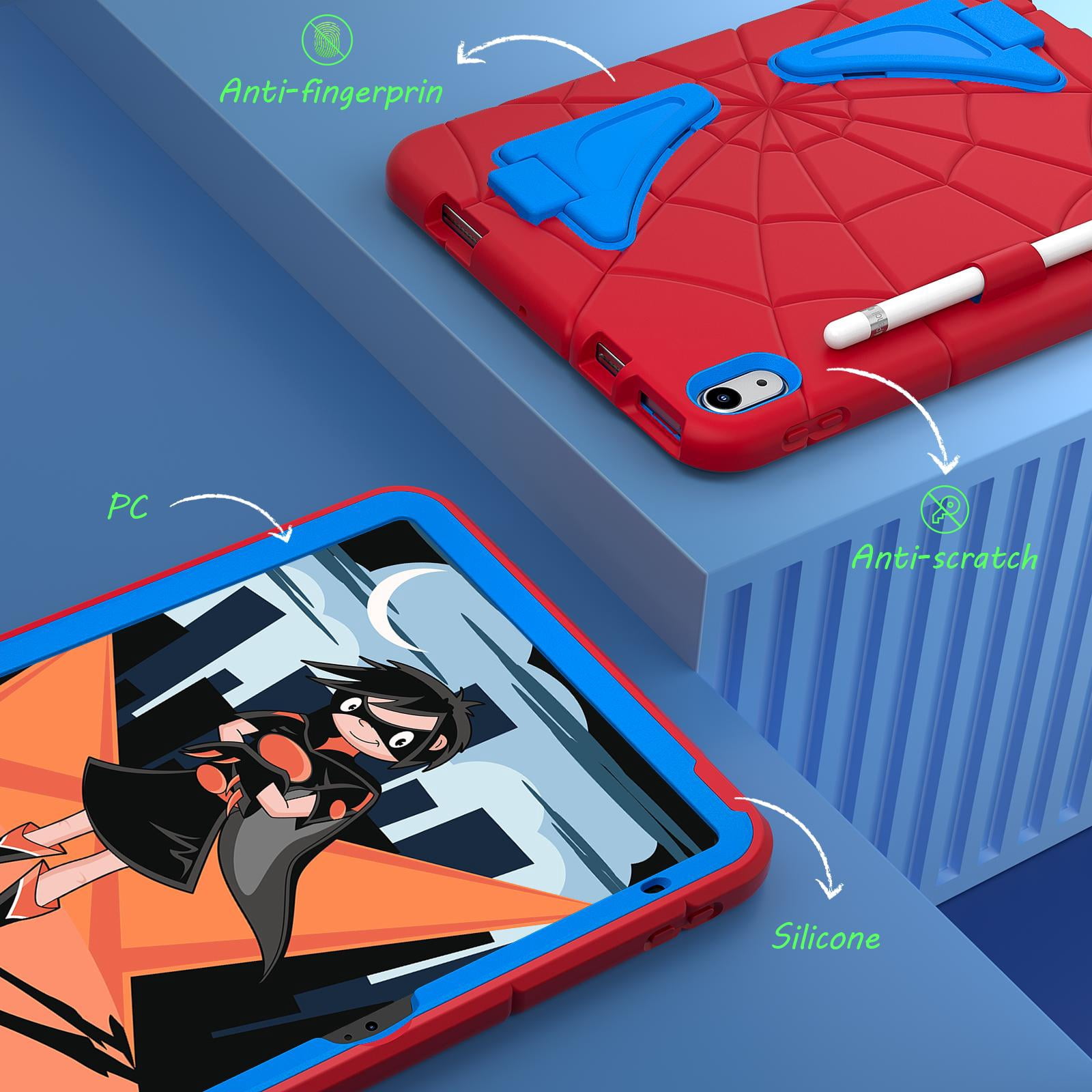 for 2022 10.9 inch iPad 10 th Generation Case with Pencil Holder & Stand, Handle Design Heavy Duty Shockproof Rugged 10.9" 10 Gen Cover for Kids Boy Children, Red+Blue