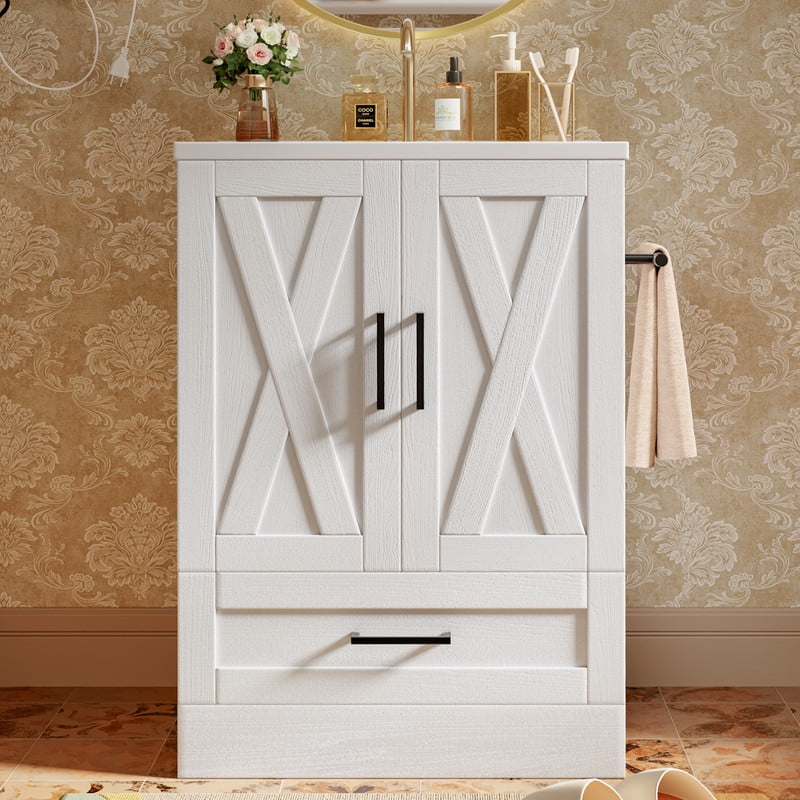 Vineego 24" Bathroom Vanity with Resin Sink, Freestanding Wood Vanity Cabinet with 2 Doors & 1 Drawer, Undermount Sink Storage Cabinet, White