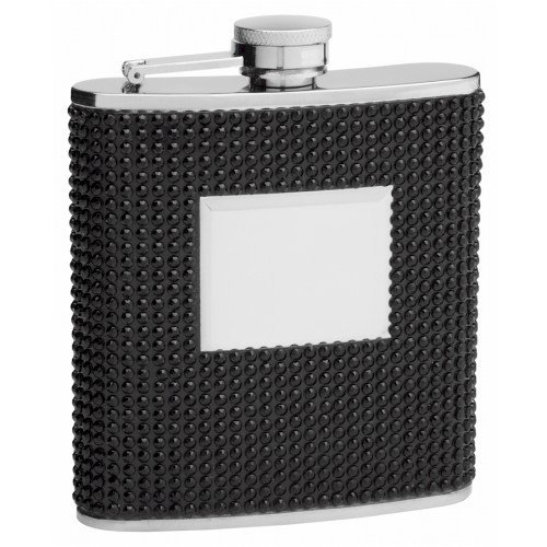 Hip Flask Holding 6 oz - Black Beaded Finish, Stainless Steel, Screw-On Cap, Leakproof, Rustproof - Front Engravable for Personalized Gift