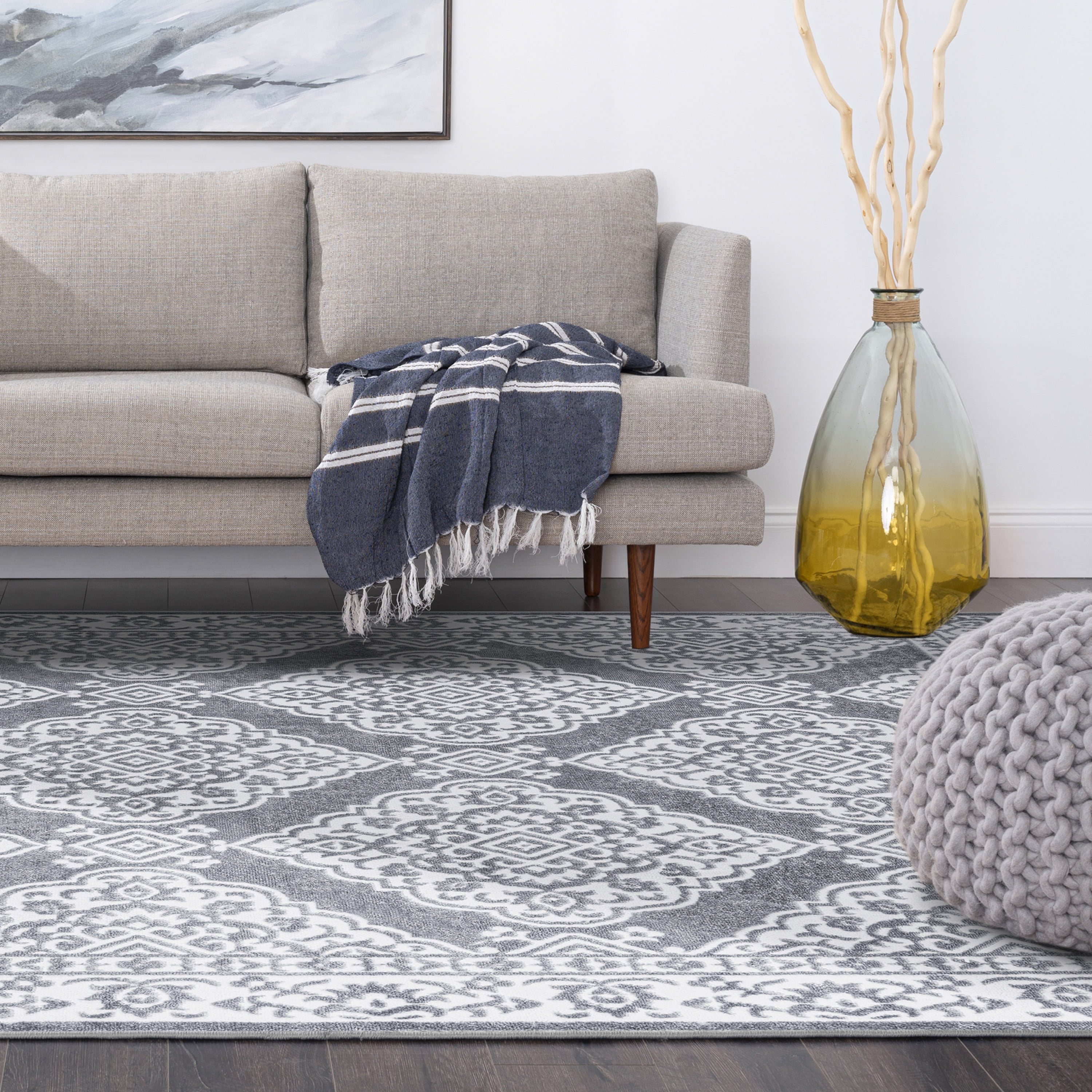 Transitional 9x12 Area Rug (8'10'' x 12'2'') Floral Gray, White Living Room Easy to Clean