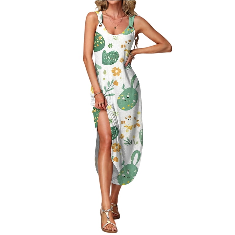 green easter dress womens HOXZODT Womens Easter Dress 2026 Sleeveless Maxi Spring Summer Holiday  Dresses for Women Bunny Carrot Print, Army Green, L