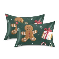 Yayeee Pillowcase Queen Size Set of 2 Satin Wrinkle Resistant Pillow Case, Green Christmas Gingerbread