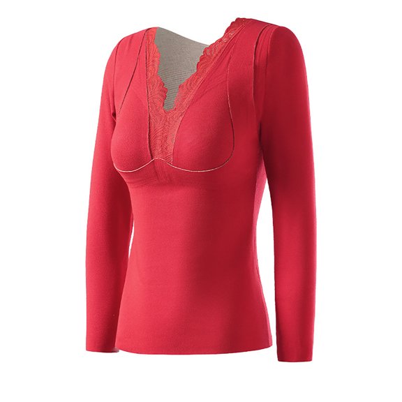 Diufon Womens Thermal Underwear Tops Trendy Lace Patchwork Long Sleeve Warm Base Layer Undershirts