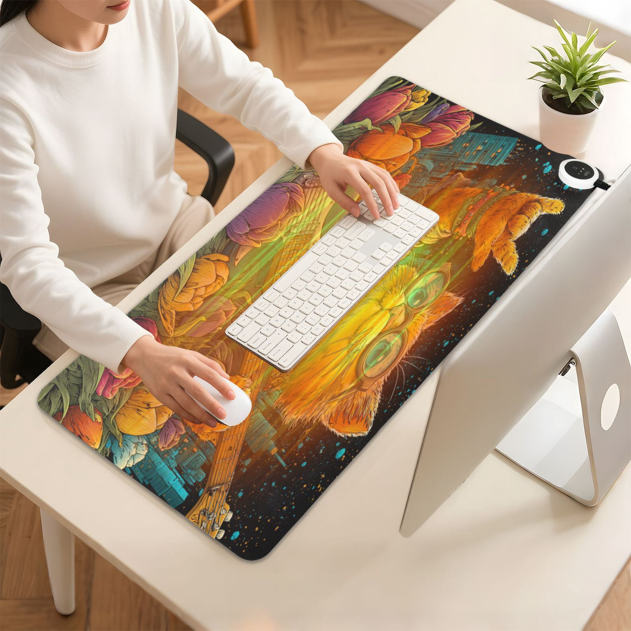 Large Heated Desk Mat Mouse Pad 31.5"x13"PU Leather Graphene Heating Desk Warmer with 3 Temperature Settings 110V US Plug Non-Slip Warm Pad for Home, Office, and Gaming Guitar Playing Cat