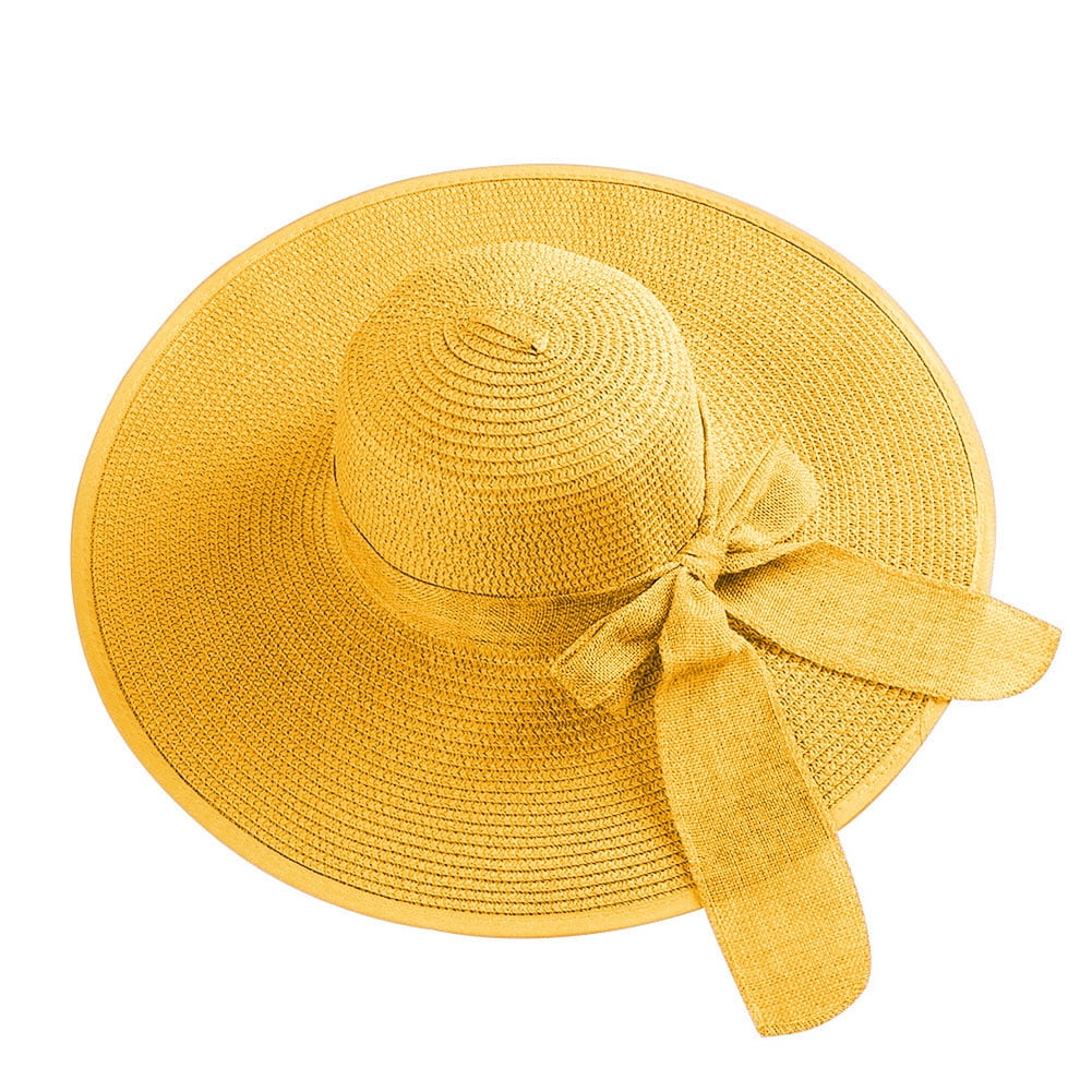 Opromo Opromo Womens Wide Brim Bowknot Straw Hat Floppy Foldable Roll up Beach Sun HatYellow