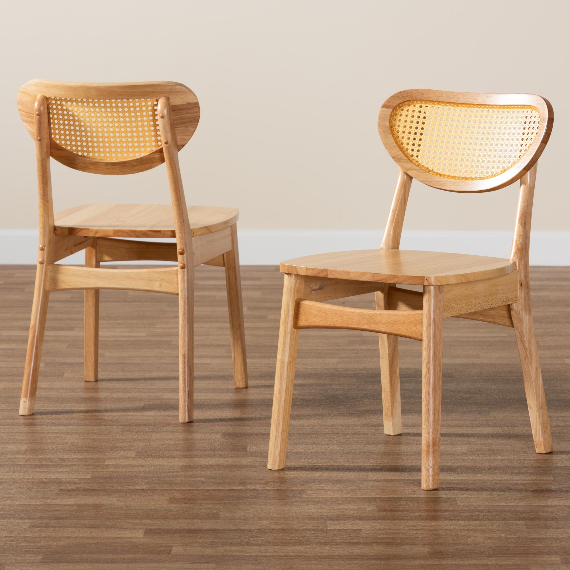 Baxton Studio Nenet Mid-Century Modern Oak Brown Finished Wood and Rattan 2-Piece Dining Chair Set