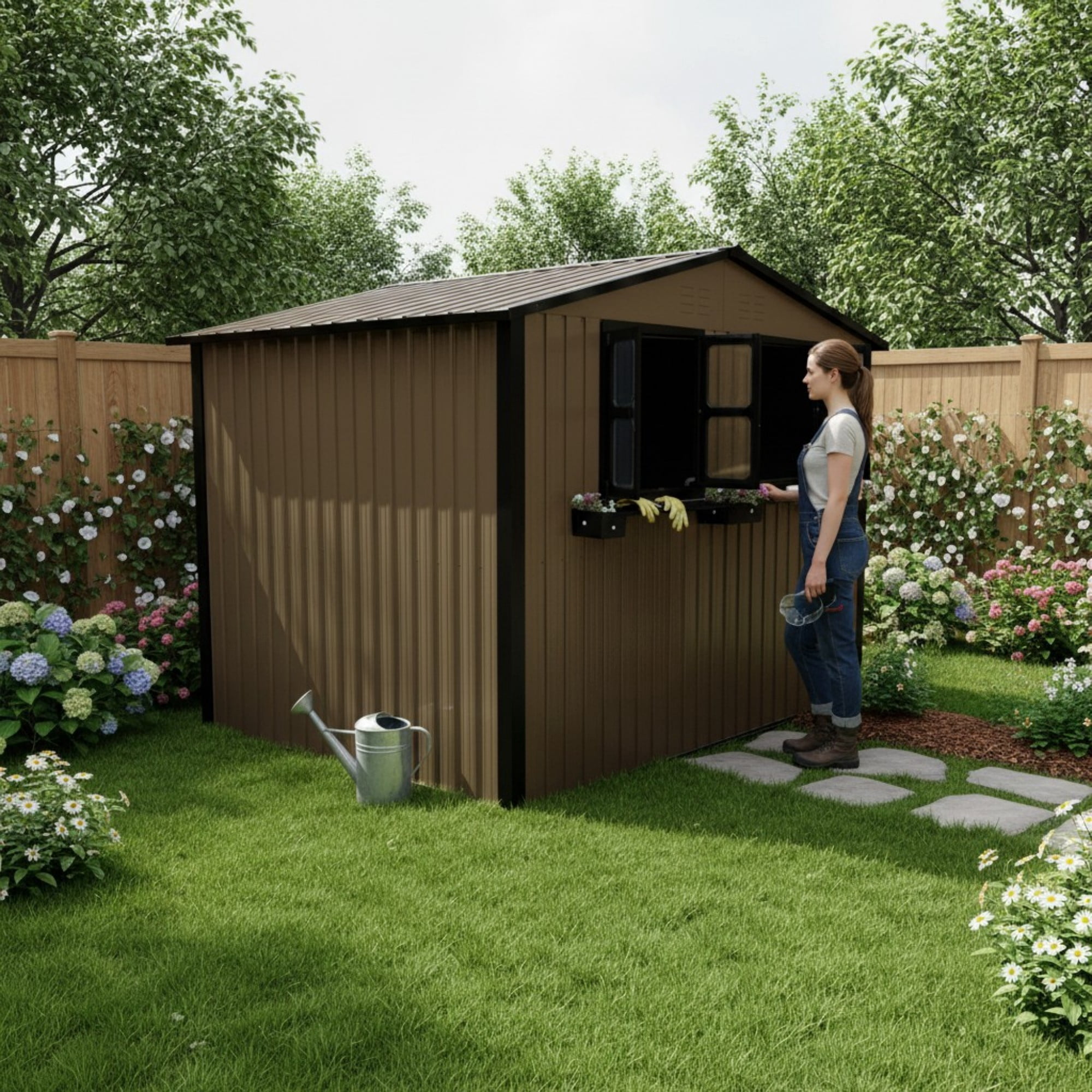 Aukfa 6x9 FT Metal Outdoor Storage Shed with Flower Rack&Lockable Doors, Waterproof Garden Tool Shed for Backyard Patio Lawn, Brown