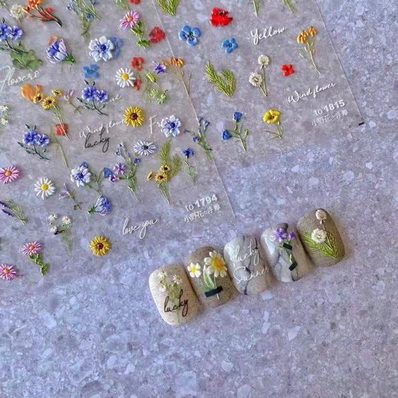 Dedyel Pequeñas Margaritas Pequeñas Flores Silvestres Pegatinas de Uñas 5D En Relieve Flores Silvestres Pegatinas de Uñas Primavera Verano Rojo Amarillo Azul Blanco Diseño de Flores Decoración de Uñas