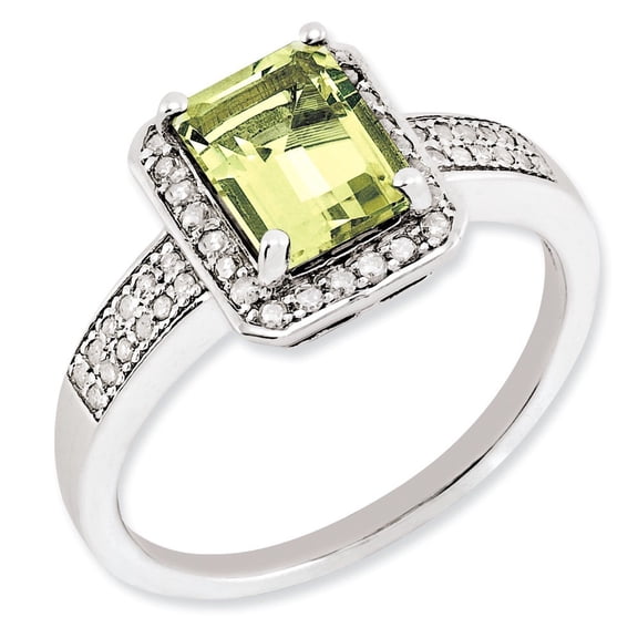 Sterling Silver Diamond and Octagonal Lemon Quartz Ring - Size 7 - Measures 10.8mm Wide