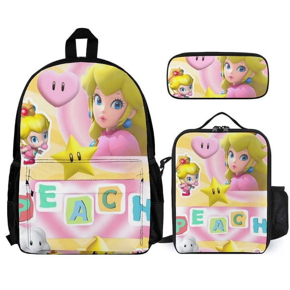 Princess Peach Fun cartoon three-piece backpack set: includes backpack lunch box and pencil case One size