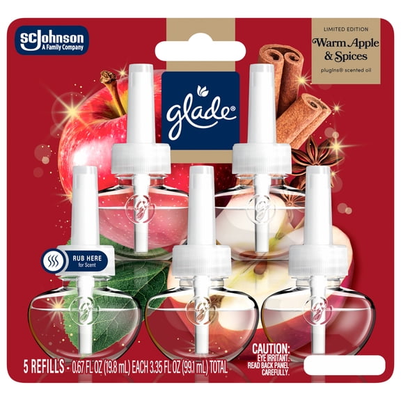 Glade® PlugIns® Scented Oil 5 Refills, Air Freshener, Warm Apple & Spices, 3.35 fl oz, Pack of 5