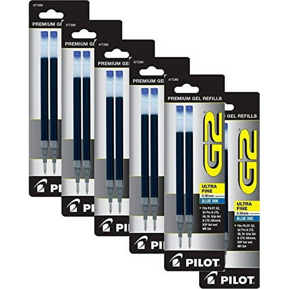 Pilot G2 Gel Ink Refill, 2-Pack for Rolling Ball Pens, Ultra Fine Point, Blue Ink (77288), Pack of 12 Refills