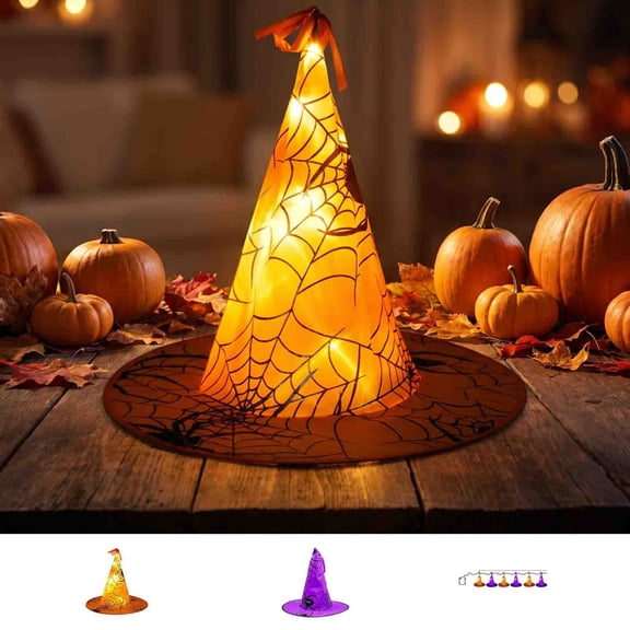 Light String,Battery Operated Witch Hat LED Garland With Spider Web Cutout Design,Shelf Table Accent Used For Teen Halloween Indoor Classroom Scene Arrangement(Orange)