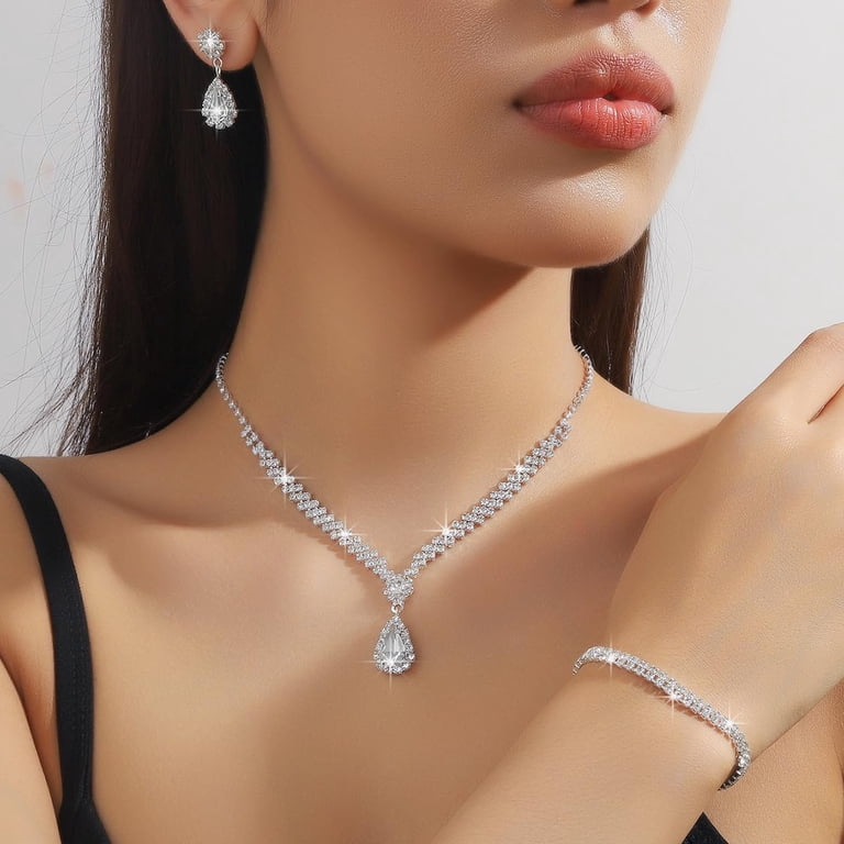 Silver Jewelry Set for Prom,Elegant Prom Jewelry Set Crystal  display picture 3