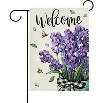 Welcome Spring Lavender Flower Decorative Garden Flag, Purple Floral Mason Jar Bee Yard Outside Home Decorations, Summer Farmhouse Burlap Outdoor Small Decor Double Sided 12 x 18