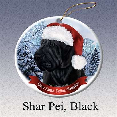 Dog Christmas Gifts Holiday Pet Gifts Shar Pei, Black Santa Hat Dog Porcelain Christmas Tree Ornament ()
