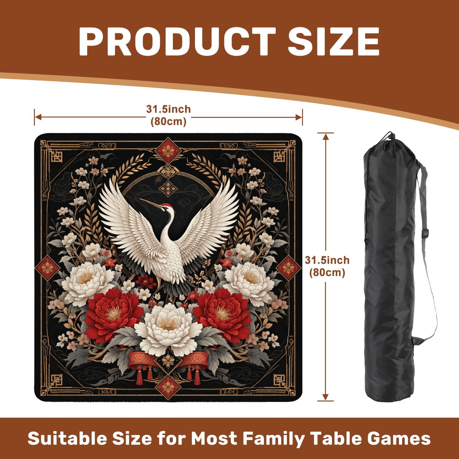 Mahjong Mat 31.5" x 31.5" Elegant Crane Red White Peonies Floral Ornate Gold Frame Non-Slip Noise Reduction American Mahjong Tiles Table Cover for Dominoes Poker Card Board Games Gift
