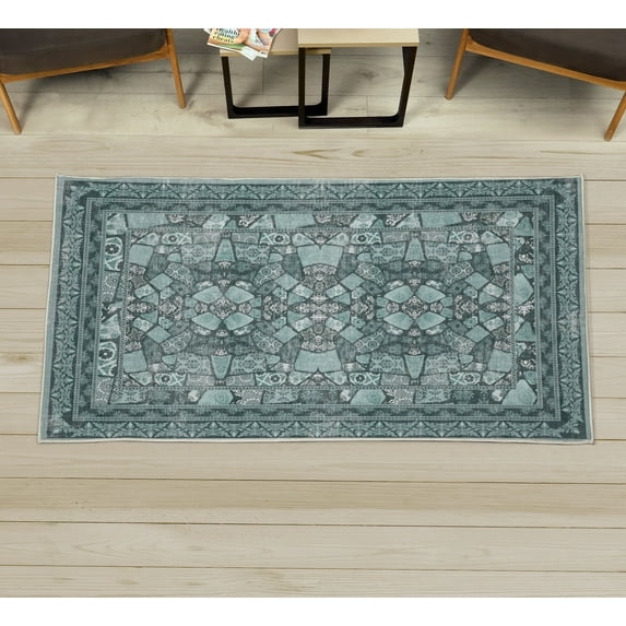 Modern Decorative Rug, Bohemian Pattern of Vintage Floral and Pebble Like Designs Asymmetric Forms, Quality Carpet for Bedroom Dorm and Living Room, 6 Sizes, Emerald Mint Green, by Ambesonne