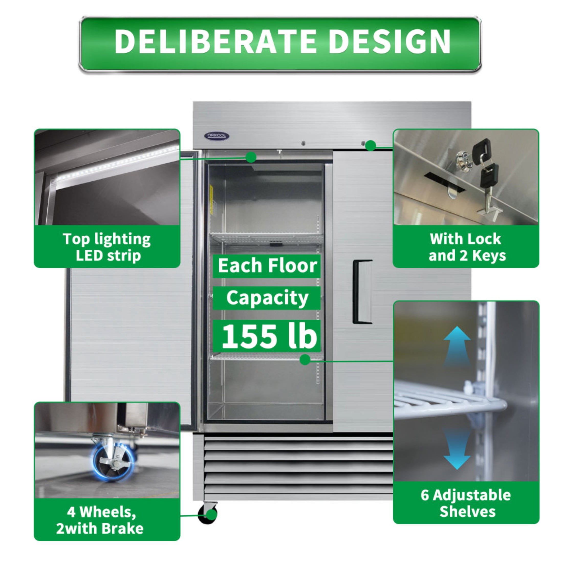 54" Commercial Refrigerator 49 Cu.ft with 2 Solid Door Reach-In Refrigerators Stainless Steel ETL Approved Upright Fridge Storage(LTL carry)