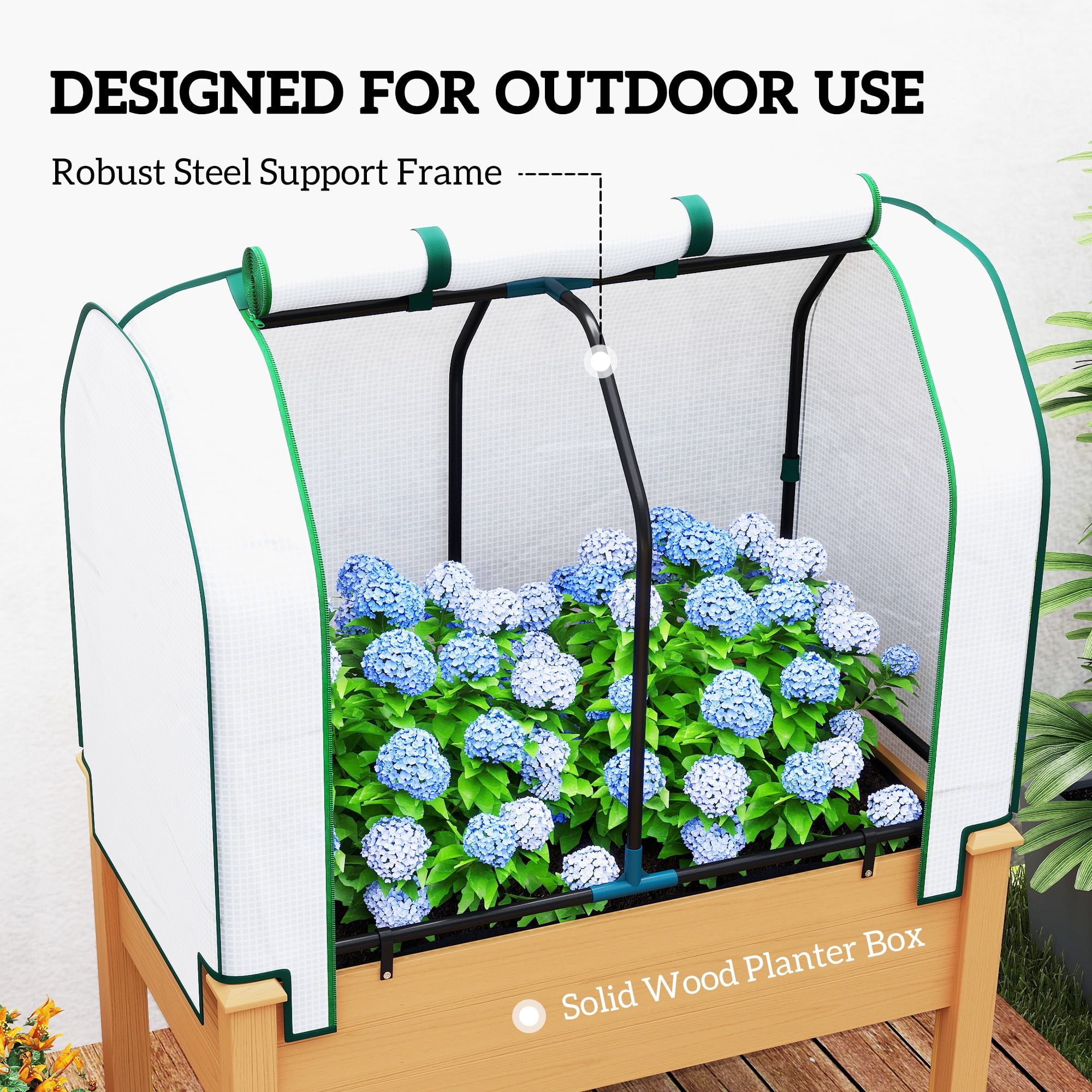 Outsunny Raised Garden Bed with PE Greenhouse Cover Outdoor Elevated Wood Planter Box for Herbs, Vegetables, for Patio, Backyard, Balcony, Sand