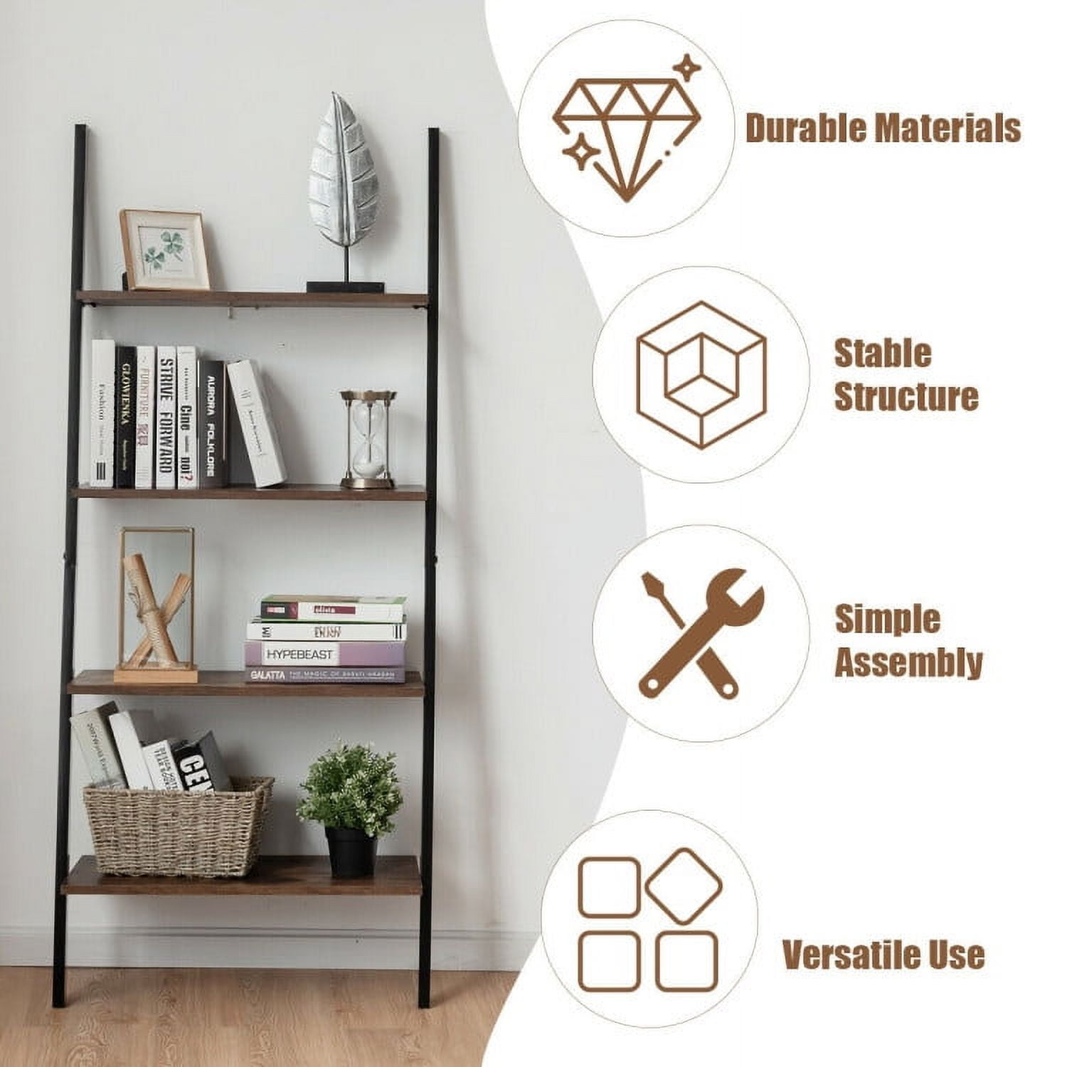 Demi Bonn 4-Tier Industrial Leaning Wall Bookshelf, Display Rack for Plants and Books, Brown