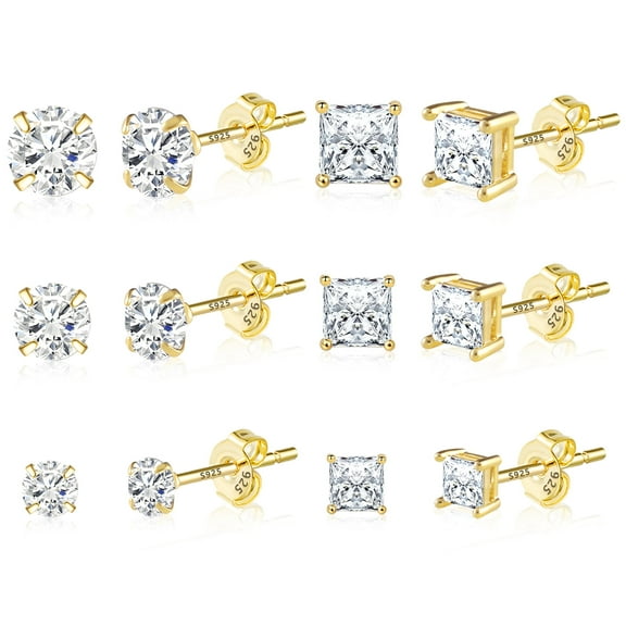 6 Pairs Hypoallergenic Stud Earrings Set, 14K Gold/Silver Plated Cubic Zirconia Earrings for Women Men's Earring Sets