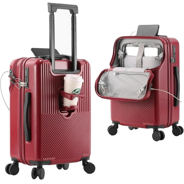 Valise Cabine 20 Pouces, Valise Cabine à Poche avant avec Support pour Téléphone et Porte-Gobelet, Valise Rigide avec Double Cadenas TSA, Port USB (Rouge)