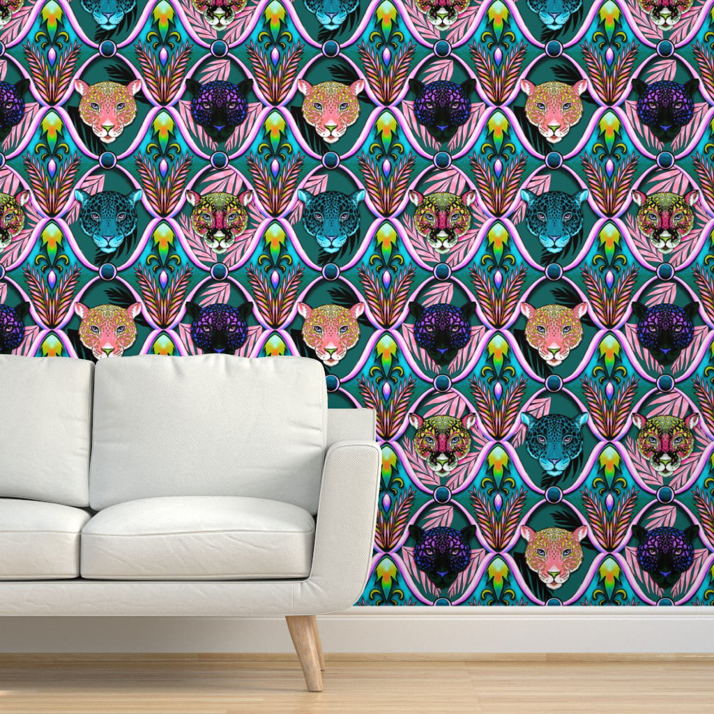 Removable Water-Activated Wallpaper Tropical Jungle Retro Teal Jaguars Leopards