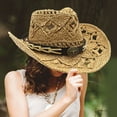 thumbnail image 3 of Straw Hat , Bucket Hats for Men , Girls Beach Hat Stylish Summer Western Cowboy Hat for Women and Men Breathable Shapeable Straw Sun Hat with Hollow Design, 3 of 4