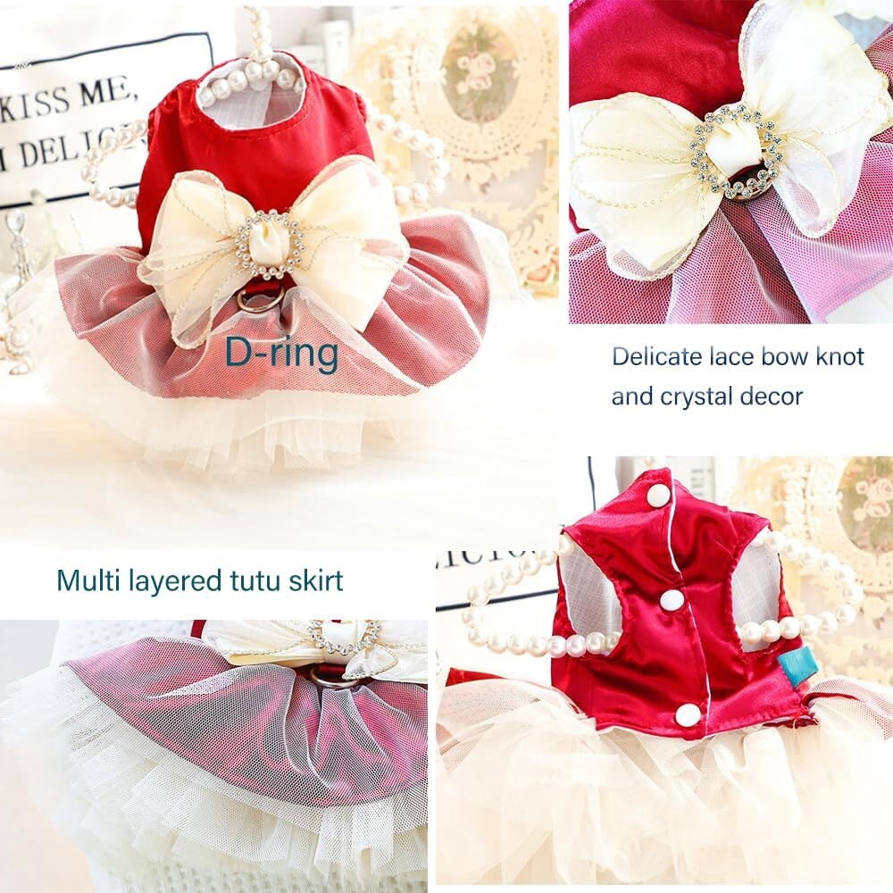 ANIAC Gray Dog Dress for Small Dogs Female,Bow Knot Girl Puppy Clothes with Detachable Pearl Necklace, Elegant Cat Dress, Formal Pet Pary Outfit for Wedding Birthday Valentines (Gray, Large)