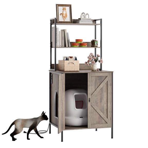 70" Large Hidden Cat Litter Box Furniture – Robot Enclosure Cabinet with Shelves & Power Outlet – Fits Self‑Cleaning Litterboxes