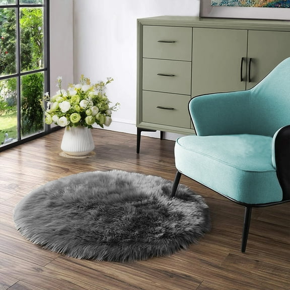 Latepis Dark Grey Sheepskin Circle Rug 5 ft, Faux Round Rug for Living Room, Boho Rugs, Fluffy Washable Rug for Bedroom, Nursery, Teen Room, Dorm, Cute Room Décor
