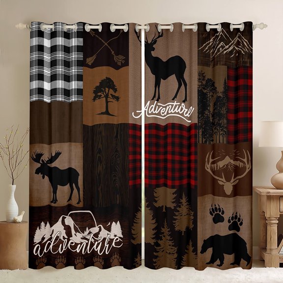 Feelyou Jungle Adventure Teens Curtains Pack of 2 (42x84 Each), Brown Fashion Patchwork Curtains Blackout, Bear Deer Moose Bedroom Curtains, Blackout Curtains Room Decor