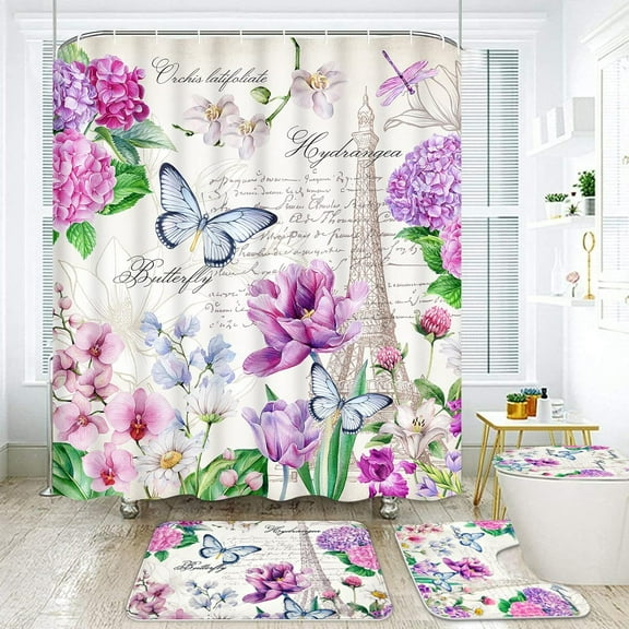 4Pcs Paris Eiffel Tower Shower Curtain Sets with Non-Slip Rug, Mat and Toilet Lid Cover, Spring Butterfly Floral Shower Curtains with Hooks, Purple Bathroom Sets with Shower Curtain and Rugs