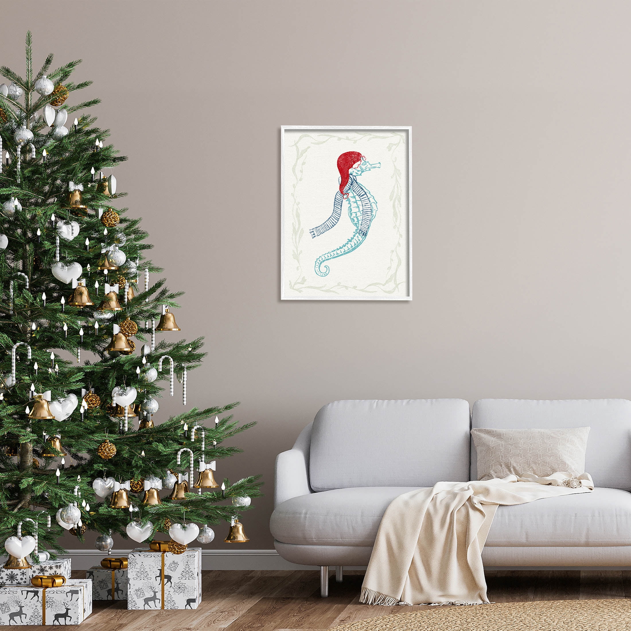 Coastal Christmas Seahorse Santa Holiday Graphic Art White Framed Art Print Wall Art
