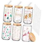SKYSONIC 6 Pcs Christmas Drinking Glasses 16 oz Xmas Cups with Lid and Straw Can Shaped Christmas Appreciation for Teenager Birthday Xmas Party Favor